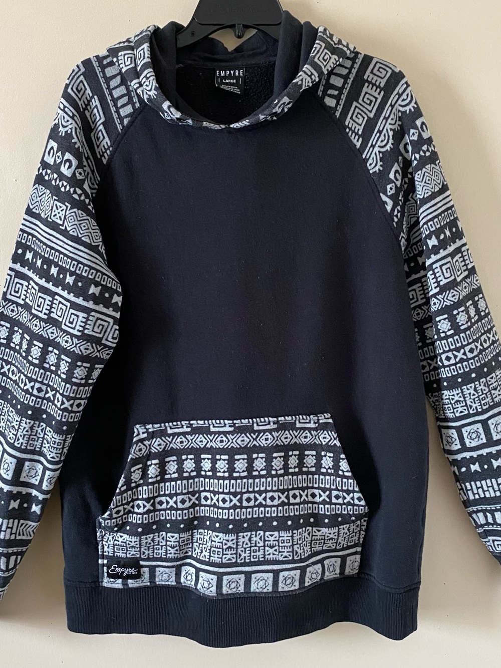 Empyre Men’s Black Hoodie with Black & White Patterned Sleeves